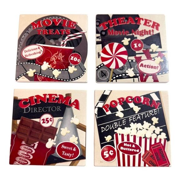 Counterart Absorbent Coasters Square Movie Night 4-Pack Popcorn Treats Candy - Picture 3 of 6